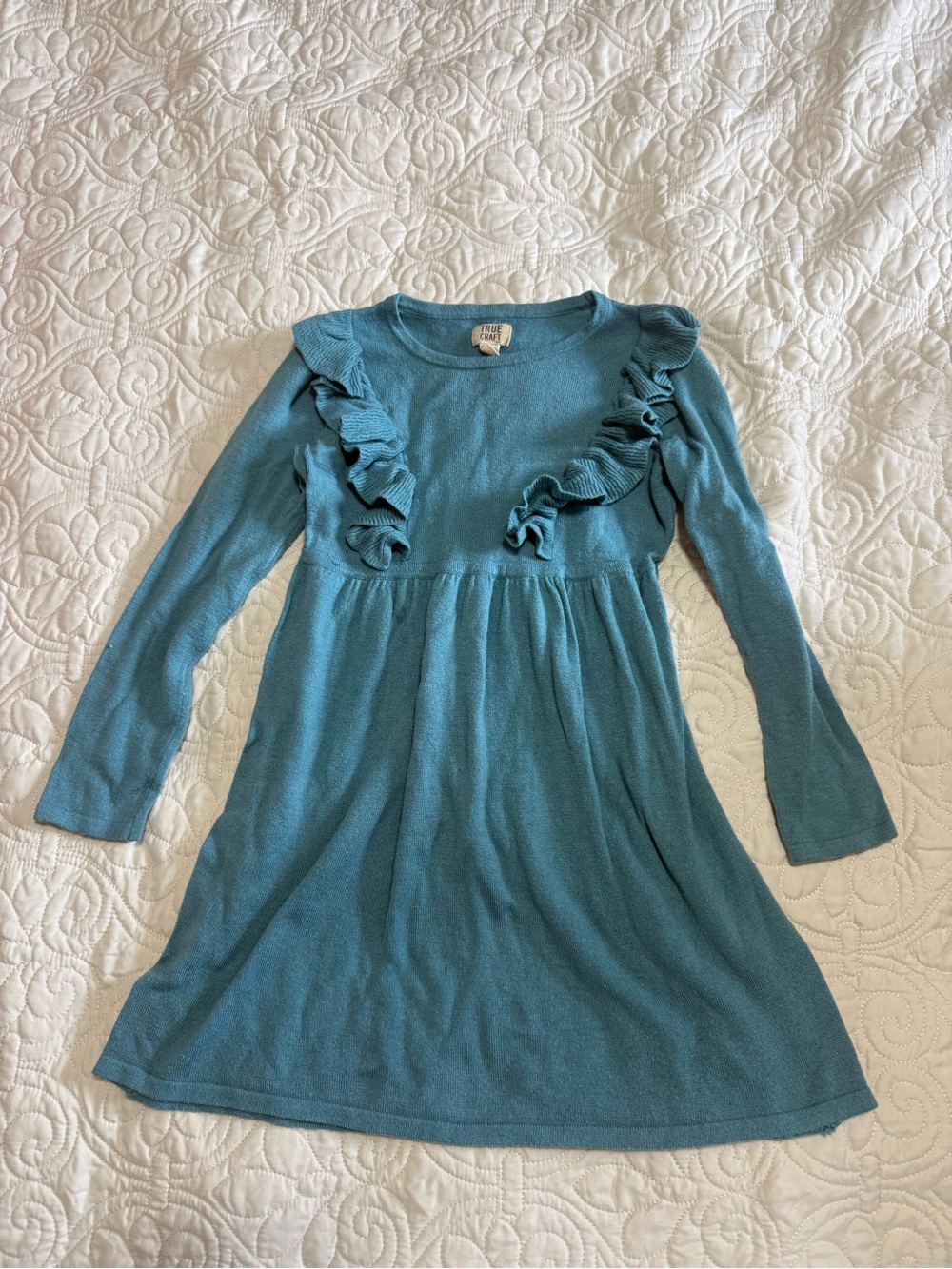 Girls long sleeve ruffle dress in dark teal by true craft size 4 sweater dress